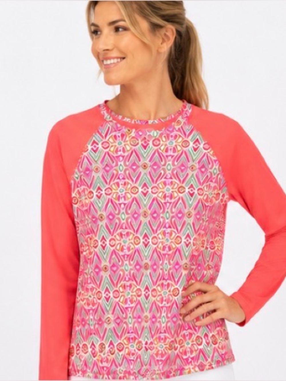 Reel Legends Keep It Cool Geometric Print Sun Shirt Long Sleeve Top Large